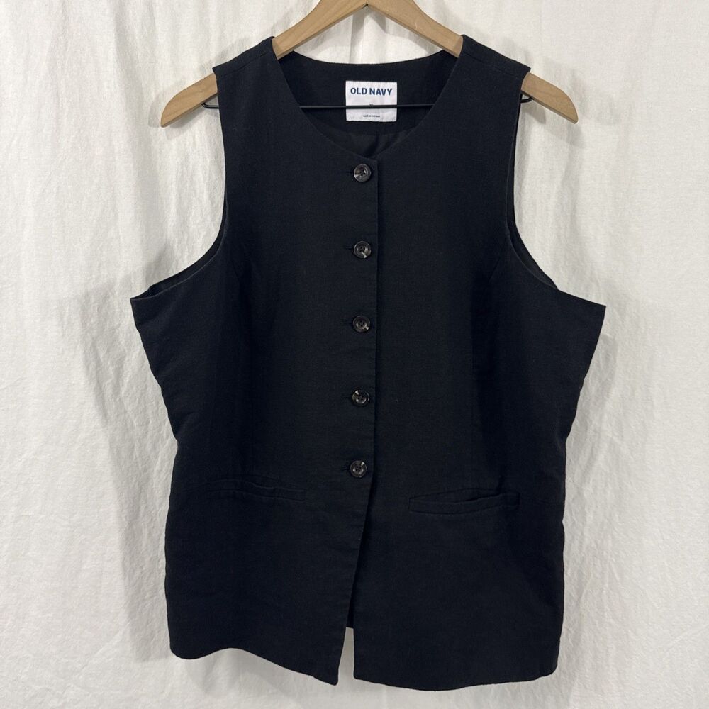 Old Navy Black Linen Blend Button Sleeveless Vest Womens Sz XL Minimalist